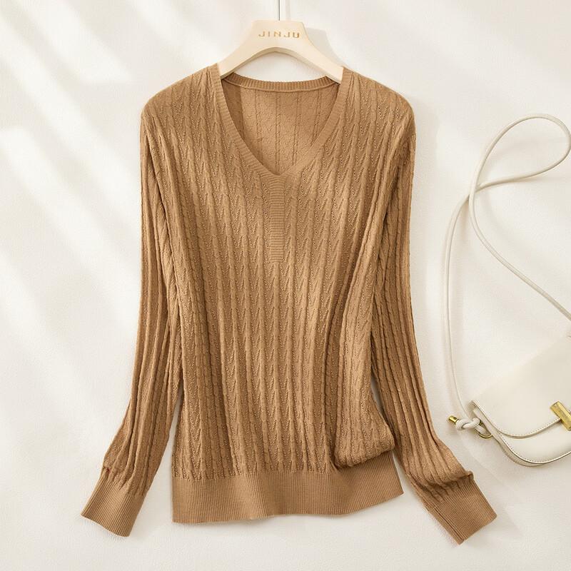 Jinjv 2026 Spring Women s V-Neck Cable Knit Sweater L