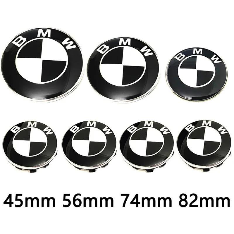 Car Black White BMW Logo Front Hood Emblem 82mm Rear Badge 74mm Wheel Hub Cap 56mm Steering Wheel Sticker 45mm Accessories