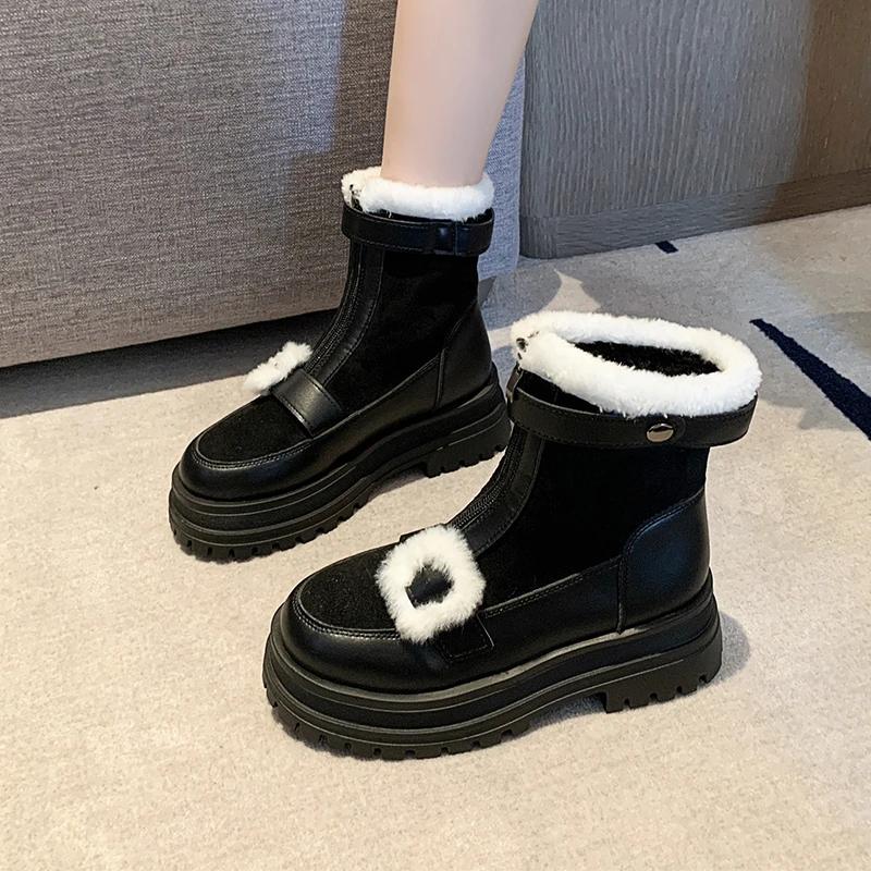 

Современные ботинки на среднем каблуке из коровьей замши, зима 2024, модная женская обувь, квадратный каблук, круглый носок, женские ботинки на платформе, Botas