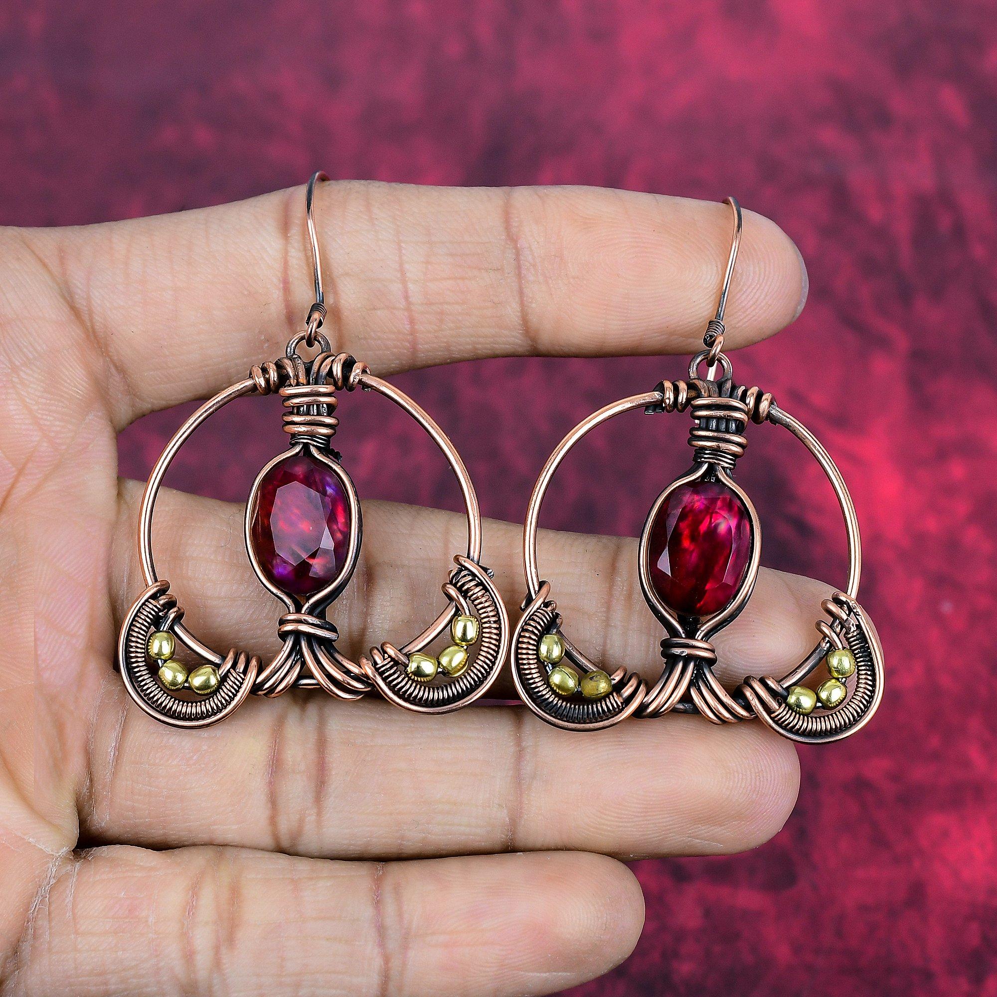 

Faceted ammolite earrings copper wire wrapped handmade earring copper jewelry natural gemstone earrings wire wrapped jewelry gifts for women