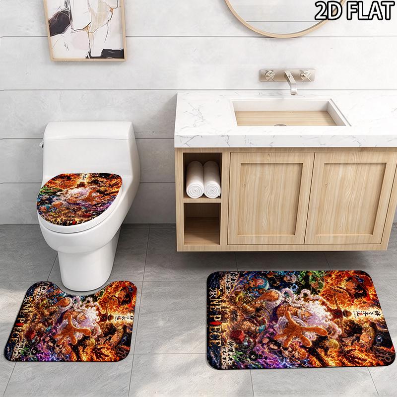 Luffy Anime Pattern 3Pcs Bathroom Rug Set, Non Slip Absorbent Bath Mat, Contour Mat & Toilet Lid Cover, Bathroom Decor