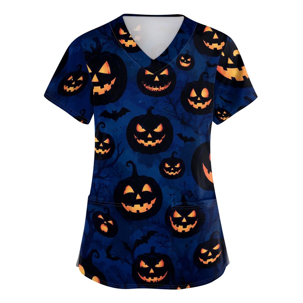 Women V Neck Short Sleeve Printed Scrub Top with Pockets and Side Slits for Work Uniforms Holiday Theme