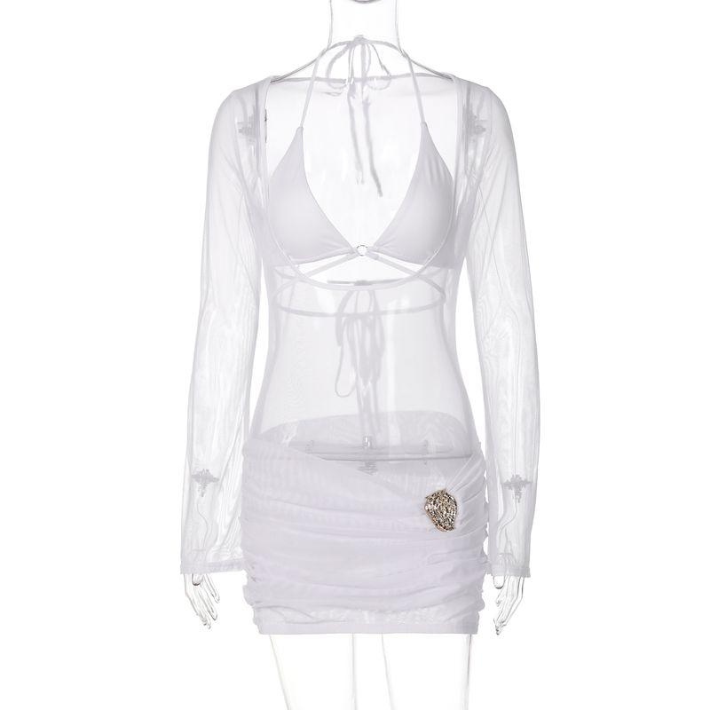 

Gusty French Pure Desire Sexy Island Vacation Style Bikini Blouse Sexy Mesh See-through Long Sleeves Bodycon Dress White(Two-piece set) S