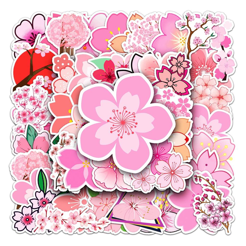 50 Sakura Graffiti Flower Cartoon Stickers for DIY Decoration – Perfect for Skateboards, Mobile Phones, and Suitcases