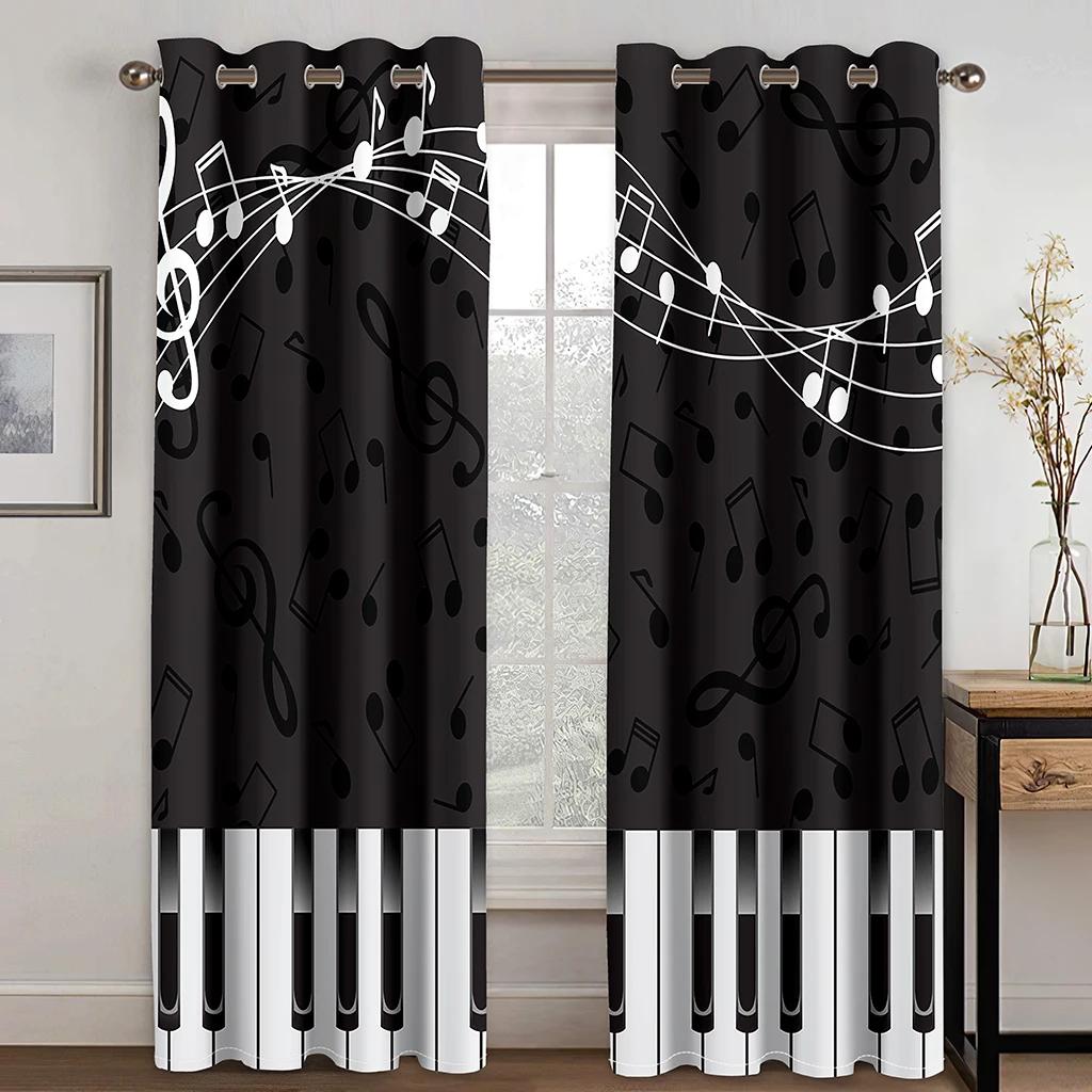 3D Piano Black and White Notes Romantic Innovative Curtains Living Room Kitchen Bedroom Balcony Window Decor Curtains 2 Panels