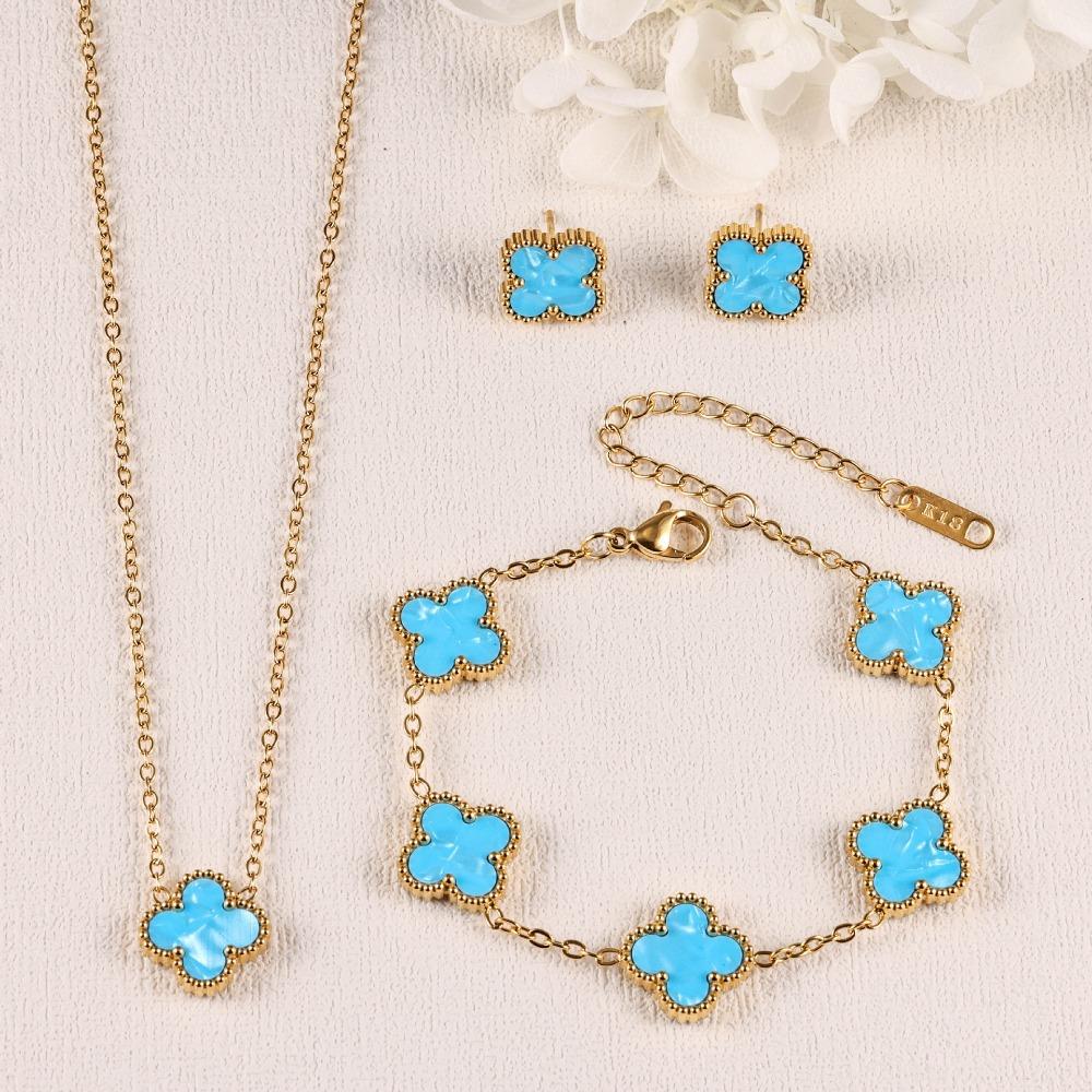 Four-leaf Clover Three-piece Necklace Bracelet and Earring Set - A Luxurious and Colorful Fashion Accessory Set