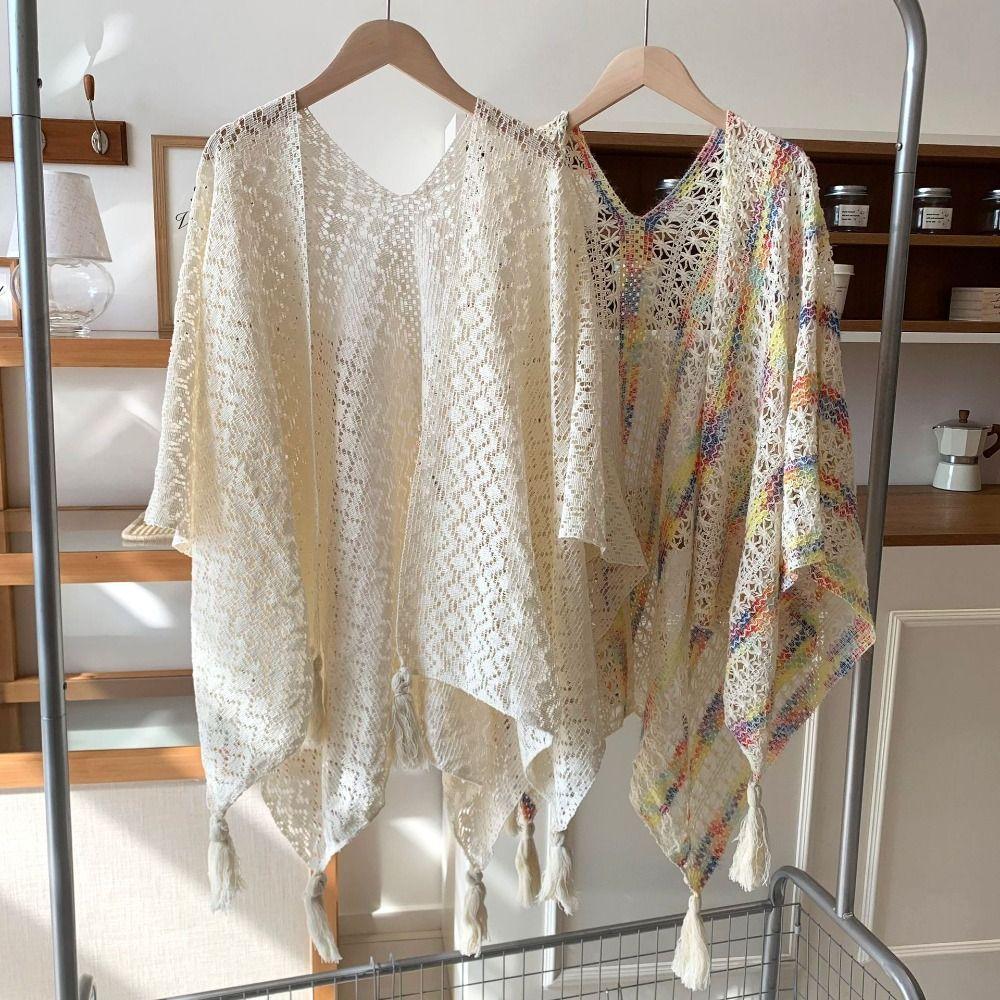 Colorful Ethnic Style Tassel Shawl Thin Beach Scarf Vintage Sunscreen Crochet Cardigan  Outdoor