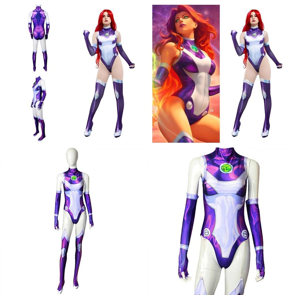 Teen Titans Starfire Cosplay Jumpsuit Halloween Kostüm Für Erwachsene Kinder 3D Druck Dehnbarer Atmungsaktiver Stoff