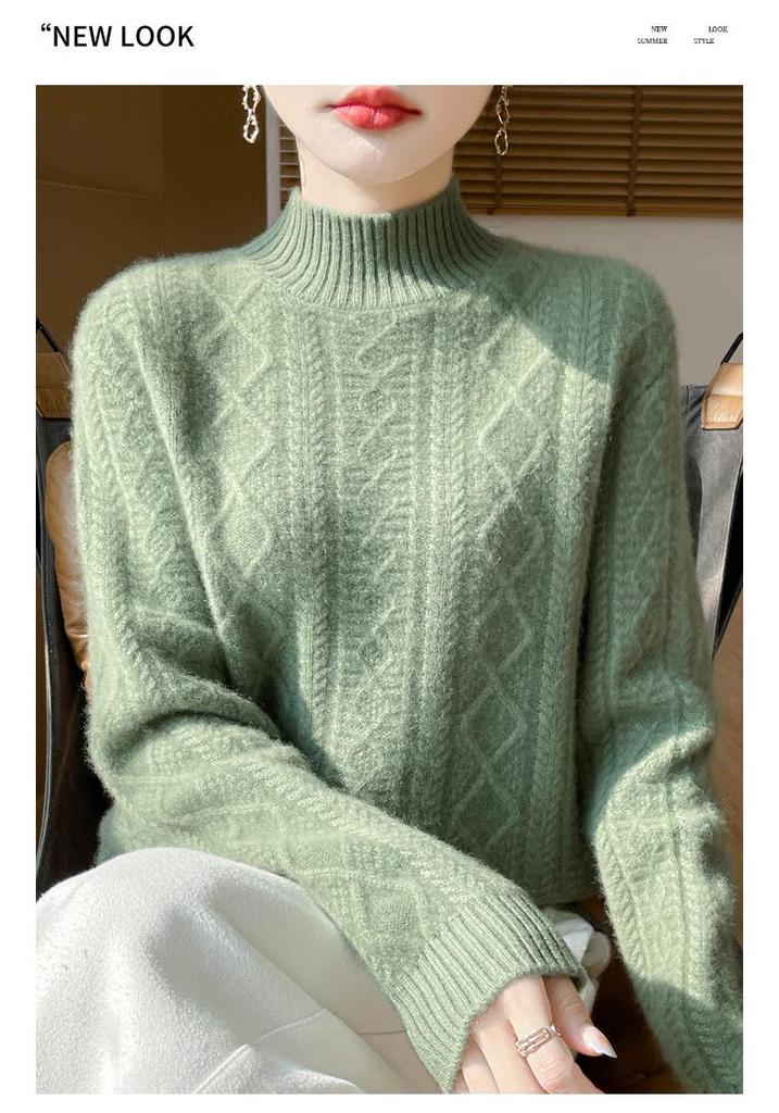 Women's High-Neck Diamond Pattern Knit Pullover Sweater, 2024 Autumn/Winter, Loose Fit, Thickened Short Base Layer