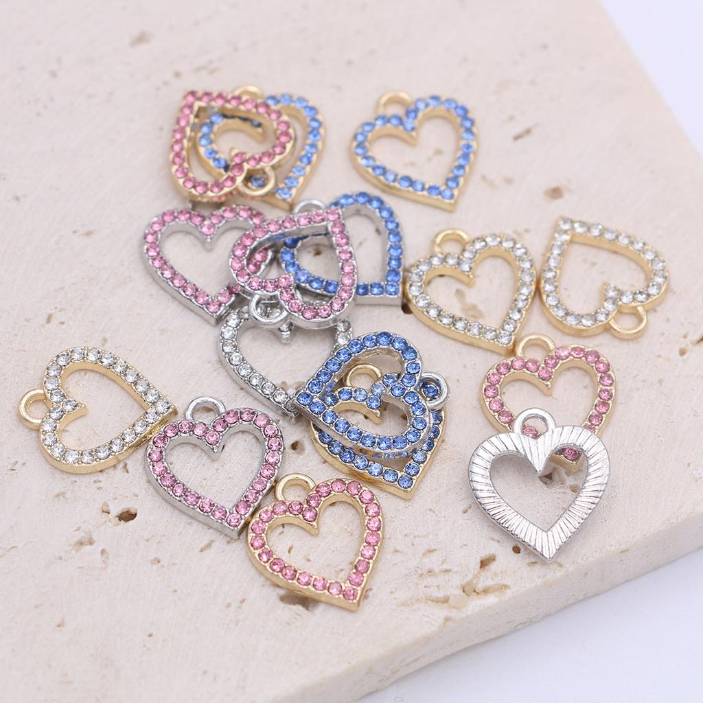 10Pcs Silver Plated Pink Crystal Heart Charm Pendant For Jewelry Making Earrings Bracelet Necklace Accessories Diy Findings