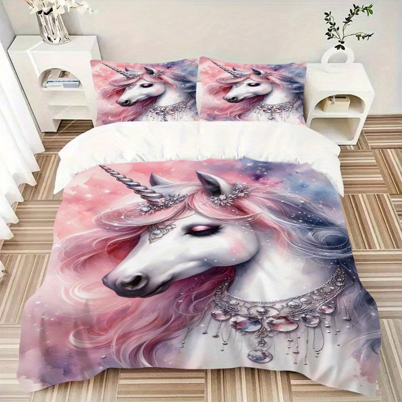 

3pcs Unicorn Fantasy Bedding Set Soft Polyester Down Comforter Cover and Pillowcases,Home Decoration All Seasons(No Insert) S0819087 135x200cm
