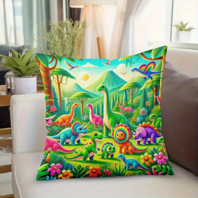 1Pc Cartoon Dinosaur Jungle Print Throw Pillow Cover,Suitable For Sofa,Bedroom,Living Room,A Fun Gift For Kids
