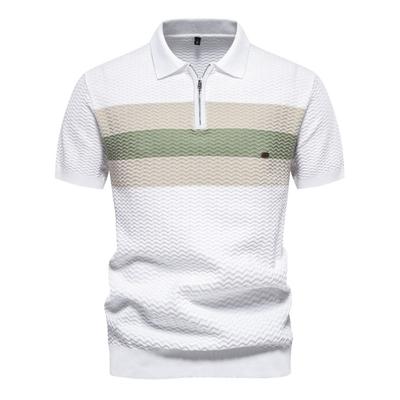 Camiseta Casual de Rayas Finas Estilo Coreano para Hombre Versátil Camisa Polo de Solapa con Media Cremallera de Manga Corta