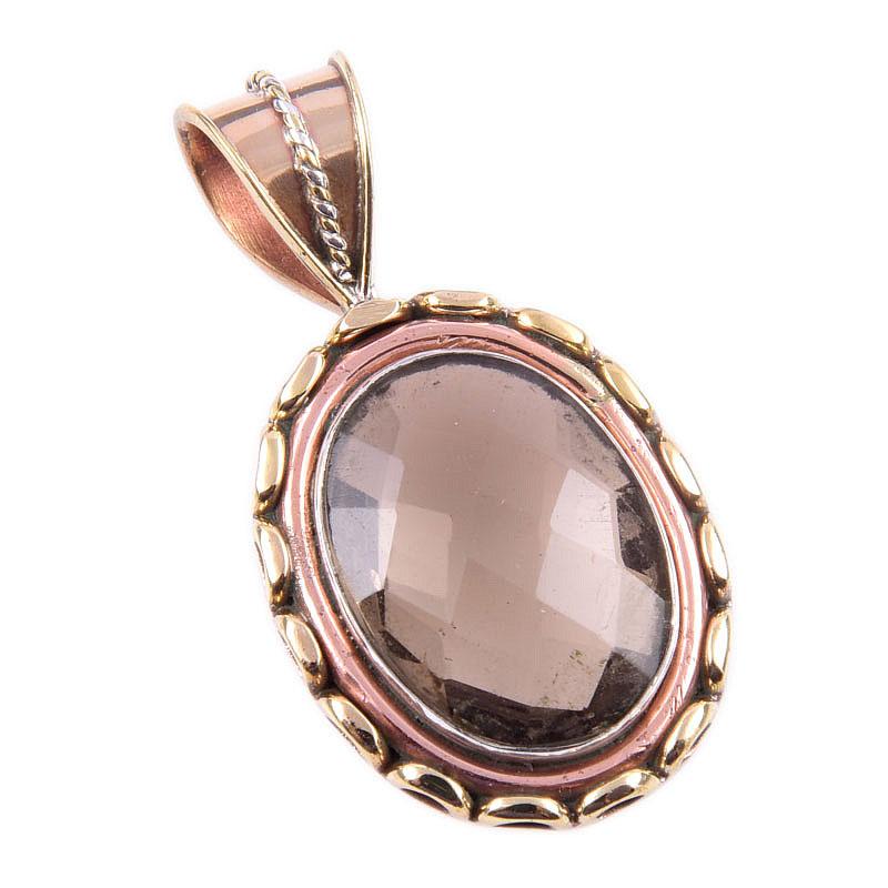 Pendentif cadeau bicolore en argent sterling 925 massif avec quartz fumé naturel, 3,8 cm, A5M01