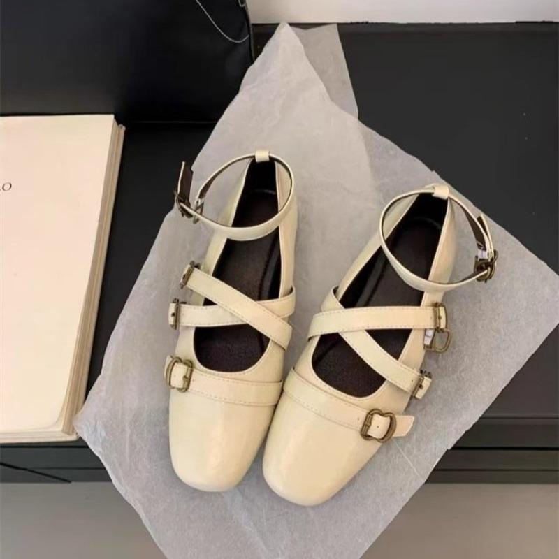 Fashion Fashion Square Toe Shallow Mouth Flats Women's Summer New Metal Belt Buckle Soft Slip Non-Slip Mary Jane Single Shoes