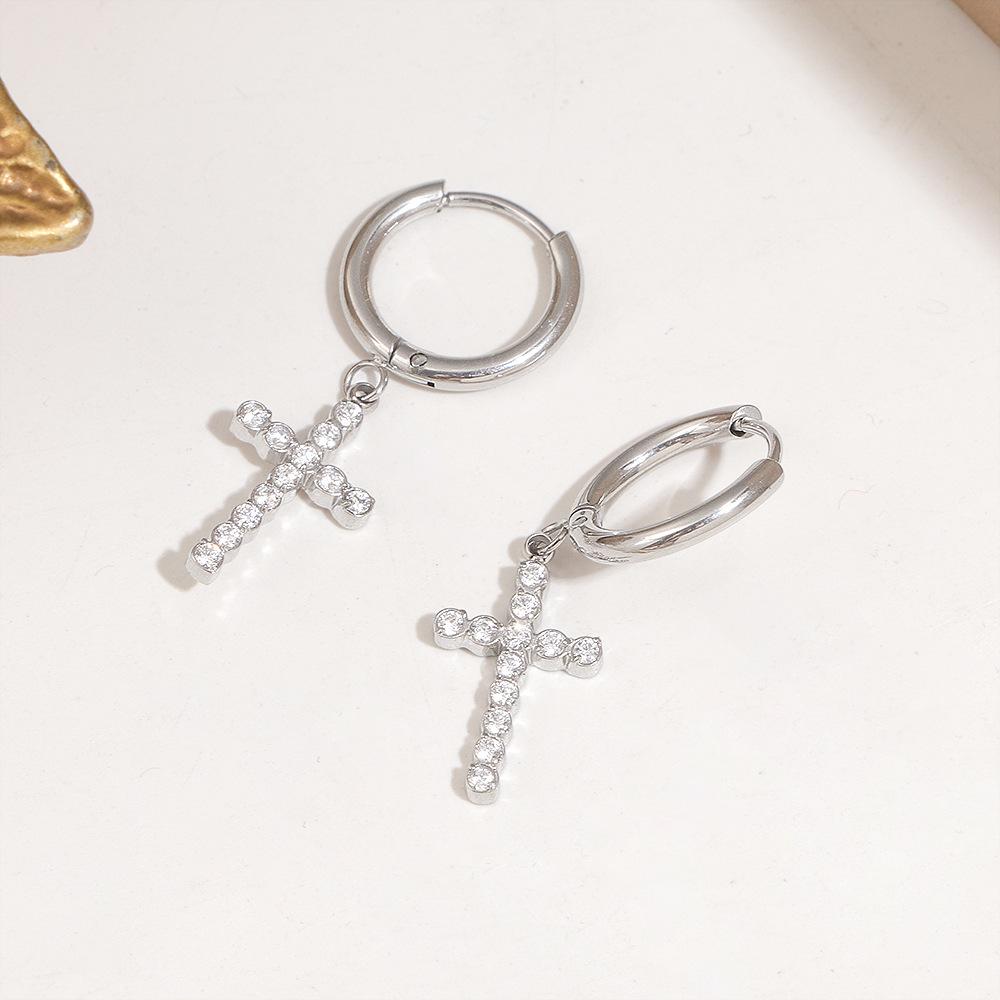 Korean Japanese Diamond-Inlaid Cross Earrings, Unisex Versatile Hip Hop Ear Cuffs, Trendy Sweet Cool Jewelry for Men.