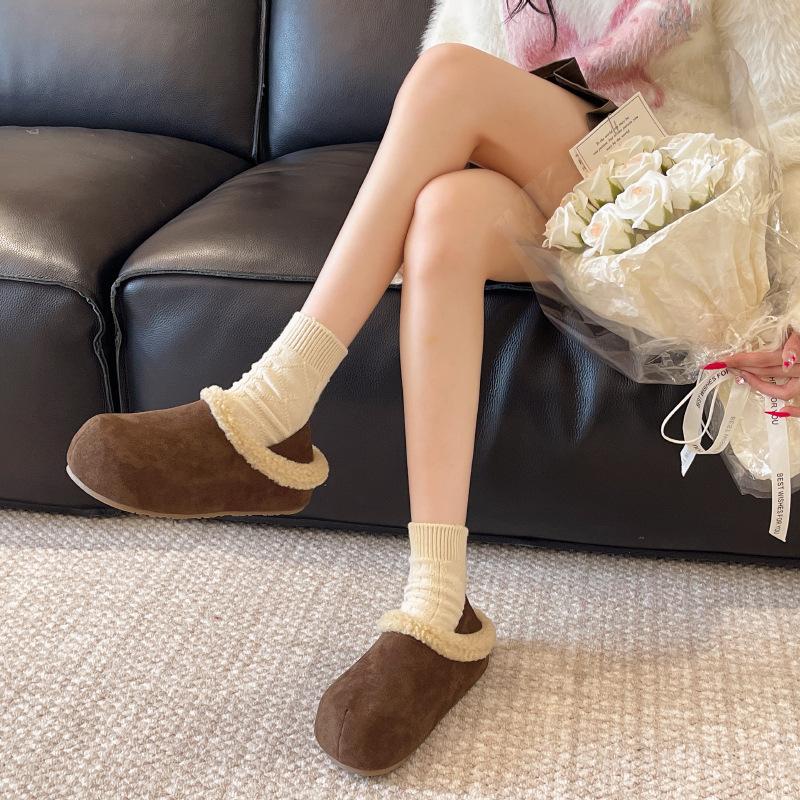 Thick-soled inner height-increasing Birkenstocks women's shoes fleece snow boots 2025 new winter one-pedal fluffy shoes half slippers