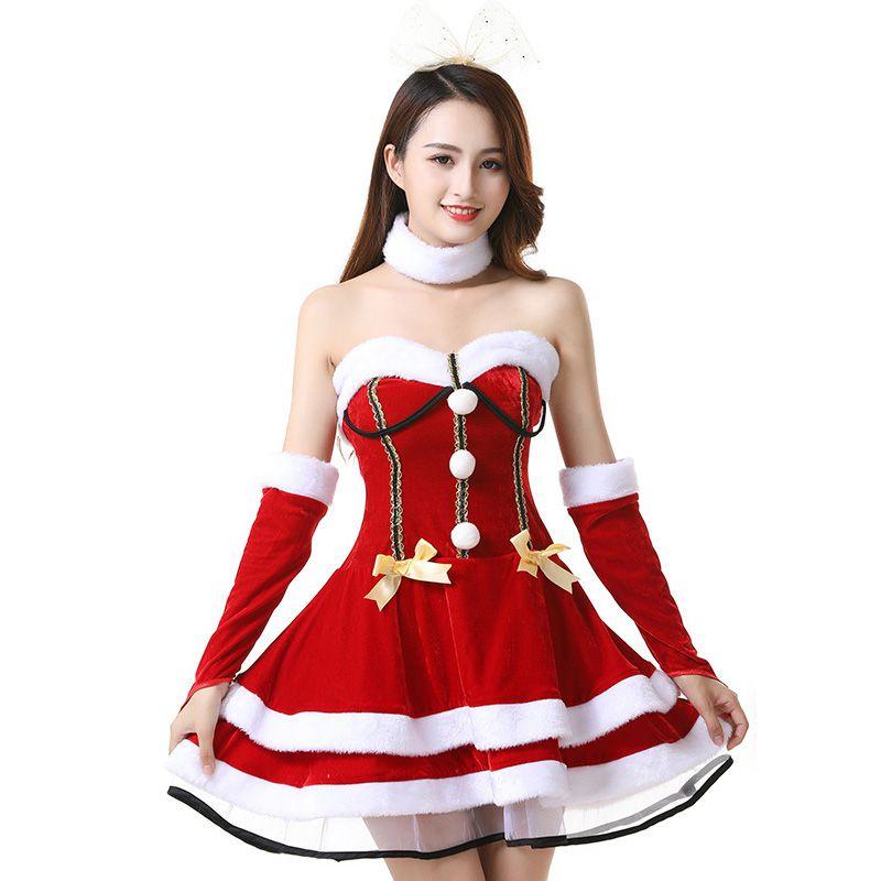 

Ladies Christmas Santa Red Off Shoulder Dress Cosplay Adult Costume Set Suit