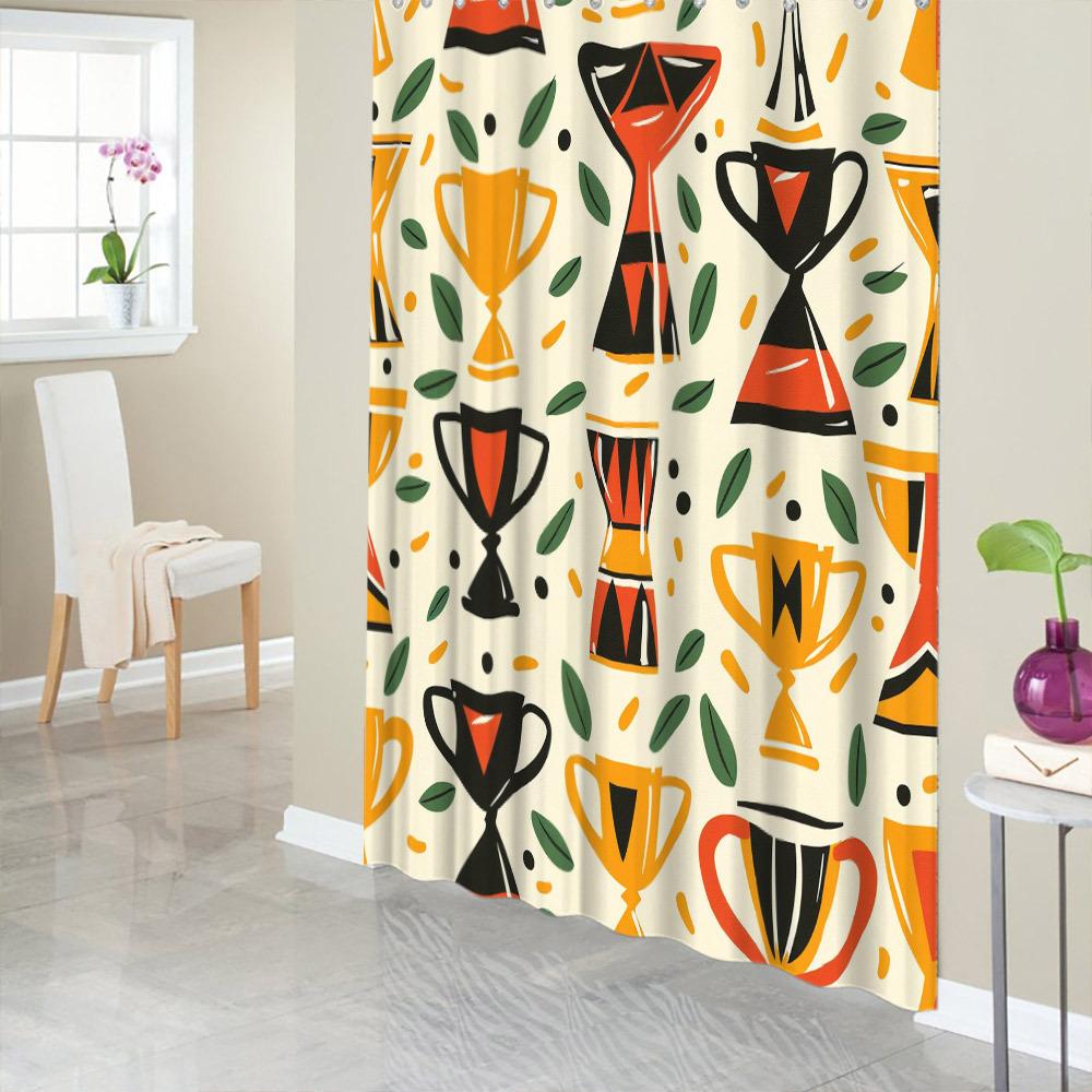 

1pc Vibrant Trophy & Award Cup Pattern Shower Curtain - Colorful, Playful Design with Green Leaves on Light Cream Background, 90x180cm