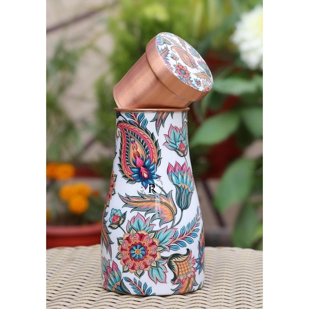 Print Copper Water Bottle Jar - 1L | With Inbuit Glass In Lid | Beautiful And Elegant  Print Design | Kitchen And Bedroom Sugar Water Storage Pot