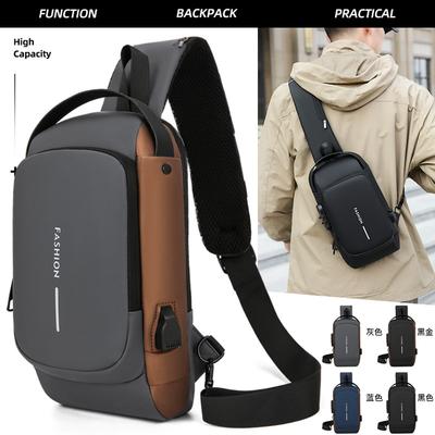 Combination Lock, Anti-Theft Chest Bag, Men'S Locomotive Bag, Outdoor Waterproof Shoulder Messenger Bag, Usb Charging Chest Bag.