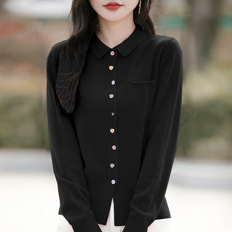 Frühlingsneuer Damen Strickcardigan Pullover, Damen POLO-Shirt, Kragen und langärmlig