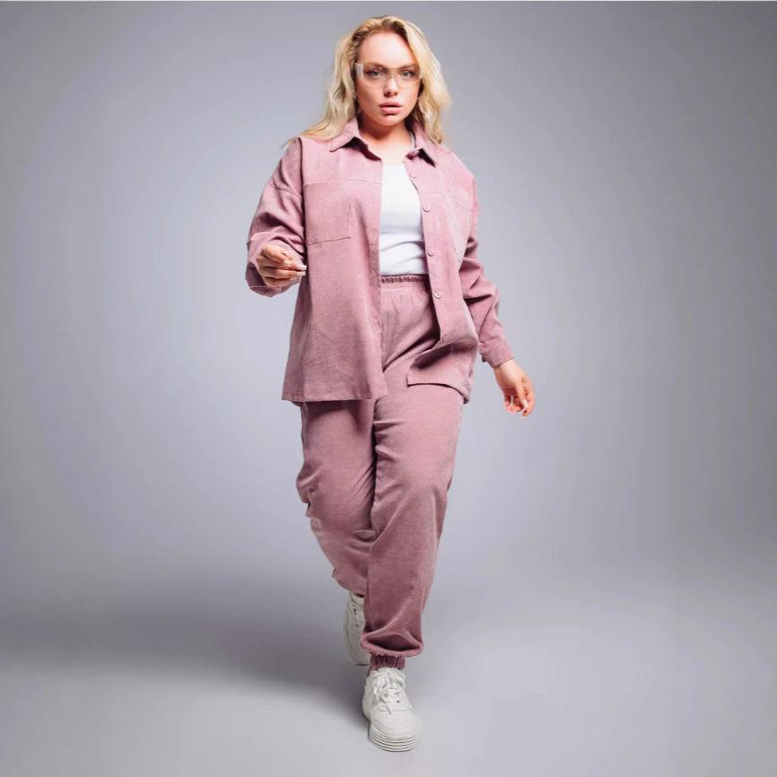 2025 Ретро Плюс Размер Винтажная Рубашка с Лацканами и Комплект из Вельветовых Брюк XXXL