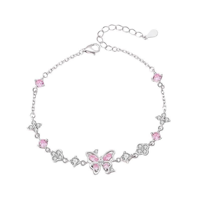 Tichia S925 Sterling Silver Butterfly Dance Bracelet with Pink Zircon Butterflies and Flowers for Women