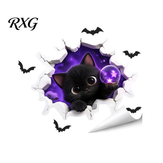 Bat Wall Stickers for Halloween Stickers, 3D Broken Effect with Ghost Skeleton Pumpkin Decals, Self-Adhesive Waterproof Decor Mural Living Room