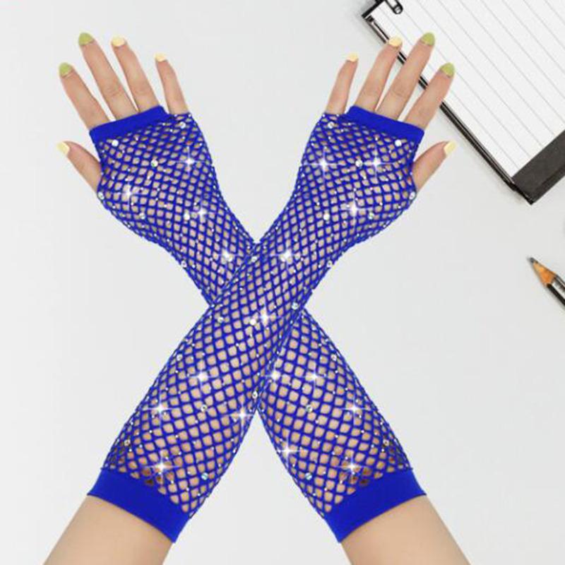 Shiny Rhinestone Fishnet Fingerless Long Gloves Leg Arm Cuff Women Party Wear Fancy Glove Sexy Girls Punk Goth Dance Mesh Gloves