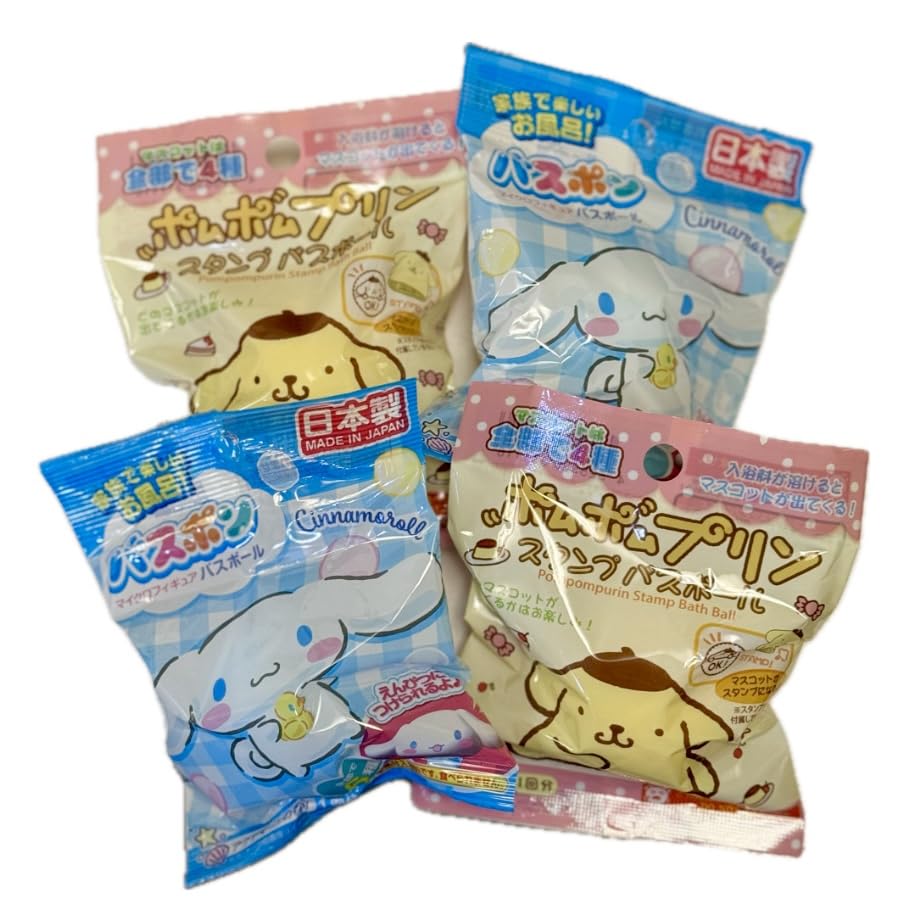 Set of 4 Children's Bath Salts with Toys, Character Bath Balls, Bath Bombs, Cinnamon, Pompompurin, and Cinnamon Roll