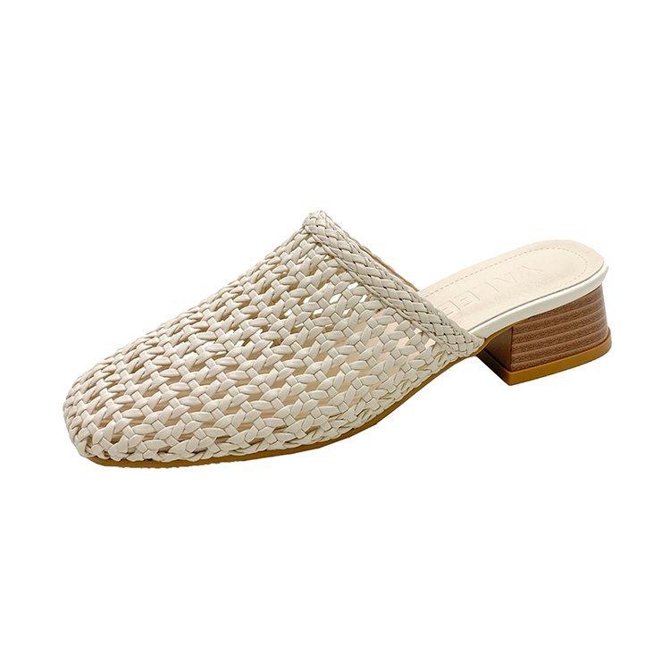 Woven hollow bag head half slippers women's new summer flat bottom square head fashion lazy cool slippers women's outer wear