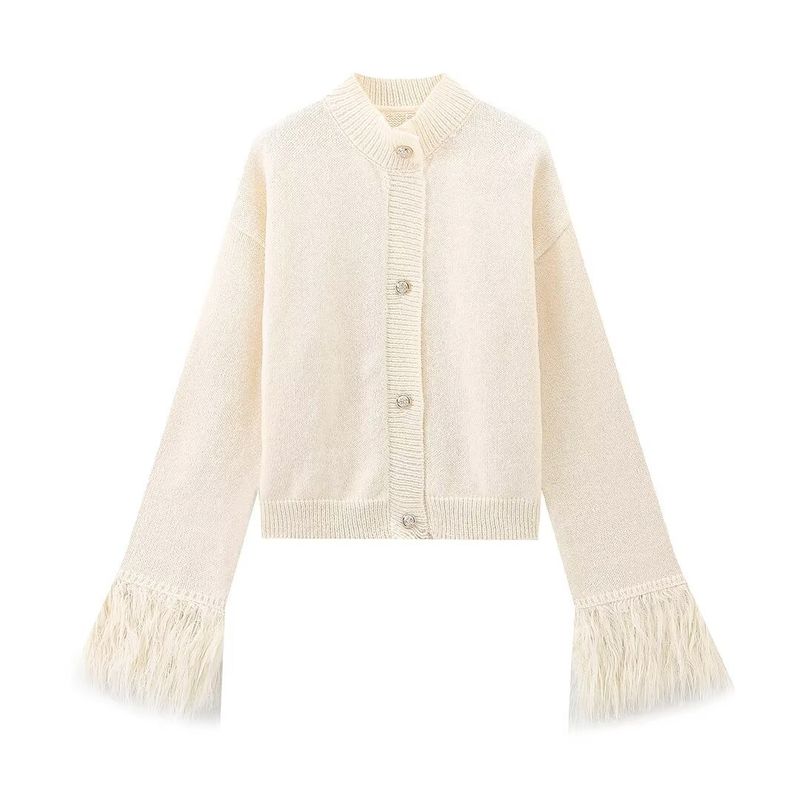 Kaslead New Arrival Women's Clothing Fashion Style Fashion Minimalist round Neck Fur Patchwork Knitted Long Sleeve Cardigan