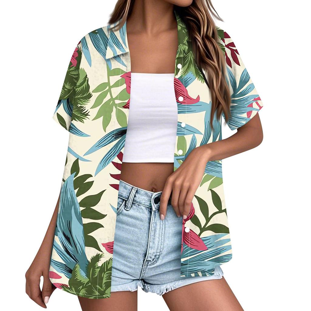 Moda Donna Casual Hawaiana Stampata Manica Corta Abbottonata con Risvolto Blusa Top