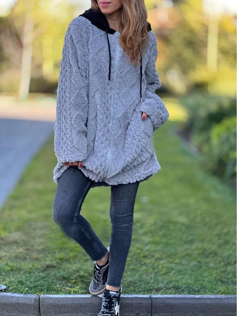 Women's Hooded Fuzzy Zipper Jacket - Solid Color, Long Sleeve, Autumn/Winter Collection 2025