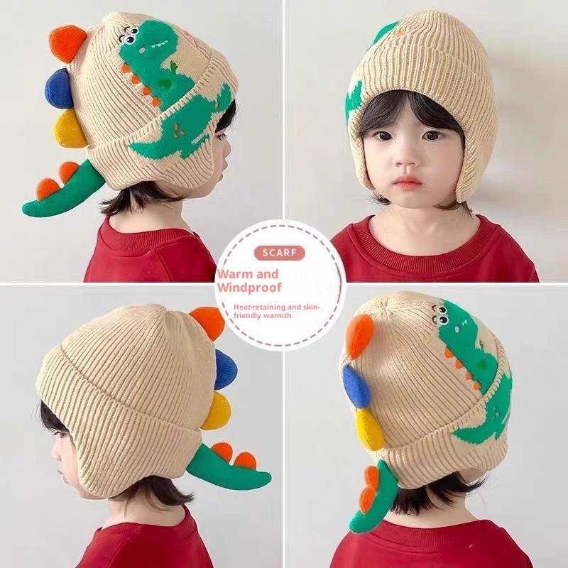 Winter Warm Baby Ear Protection Hat 3D Dinosaur Kids Earmuffs Cap Cartoon Toddler Woolen Knitted Hats 2-6 Years Children Beanie