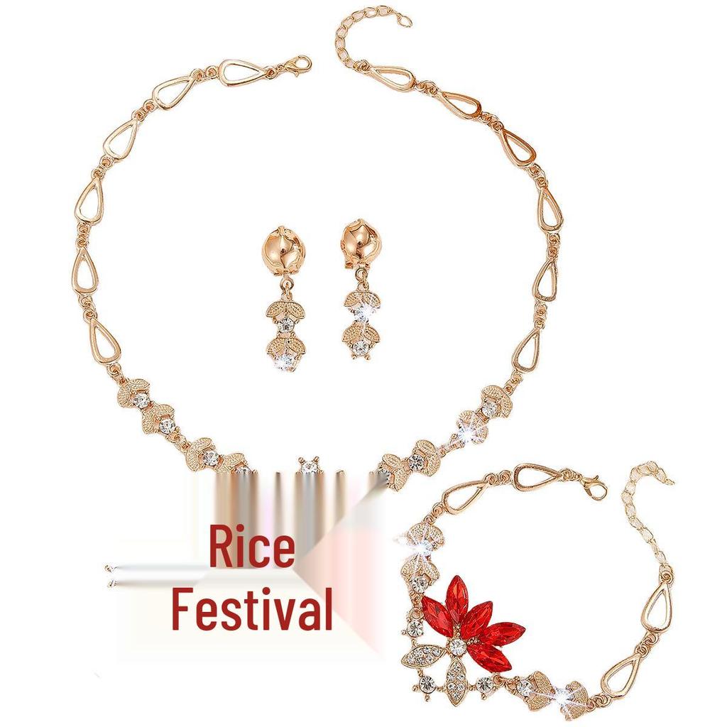Women’s Rhinestone Red Eye Jewelry Set: Necklace, Earrings, Ring, Bracelet
