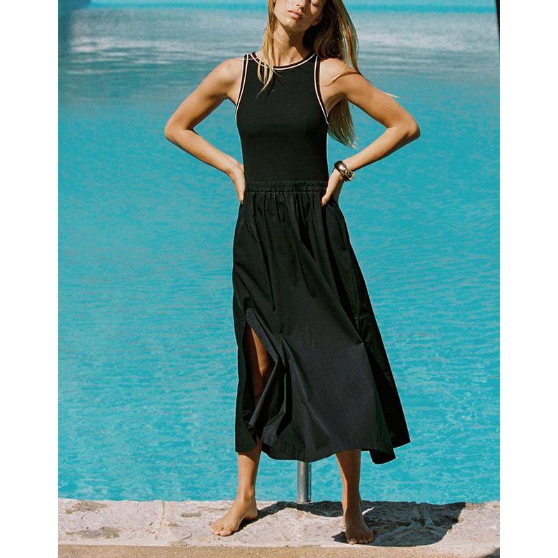 Summer Women's Clothing Contrast Color Rolled Trim Patchwork Sleeveless round Neck Midi Skirt Dress 8372046 8351047