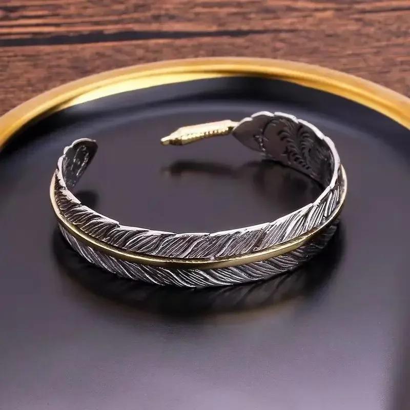 Fashionable Wings Feather Adjustable Cuff Bracelet for Men Trendy Open Design Lucky Jewelry Gift