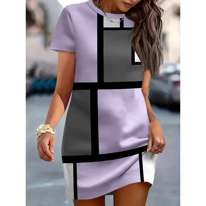 Damen kariertes Muster Mode Minikleider Sommer Kurzarm 3D-Druck Street Damenkleid 3XL Übergröße Freizeitkleid