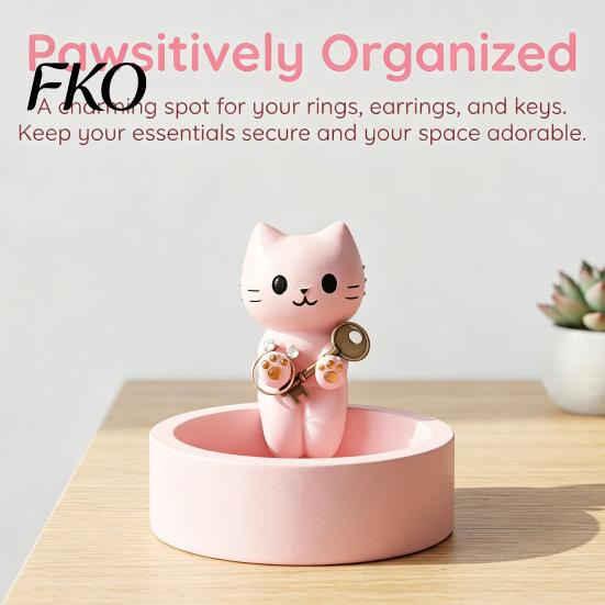 Matte Finish Jewelry Holder Cute Cat Storage Tray, with Deep Plate Slot, Pink Shaped Organizer Resin Decorative Ornament, for Dressing Table And