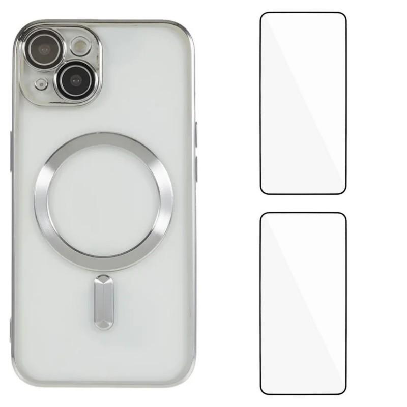 

For iPhone 14 Plus Magnetic Case WANLONFENG Electroplated TPU Cover with Lens Film+2Pcs Tempered Glass Silver