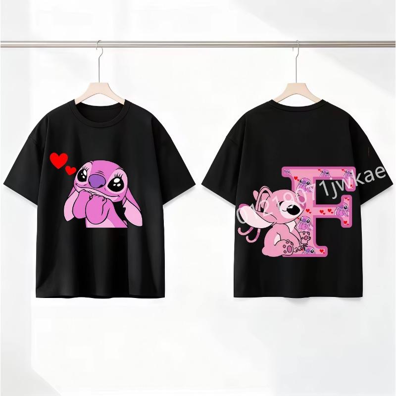 Stitch Angel Letter A-Z Cartoon Black Kids Pink T Shirt Summer Cute Boys and Girls Short-Sleeve Top Casual Breathable Clothing