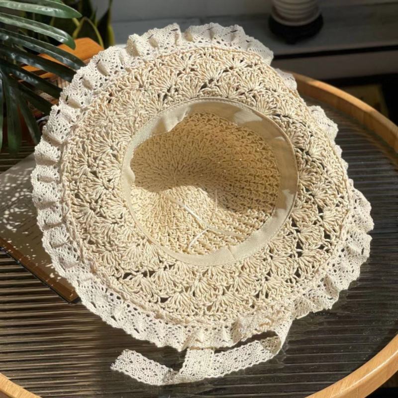 Lace Side Foldable Straw Hat Female Summer Hand-woven Hollow Bow Sun Hat Sunscreen Sunshade Beach Hat