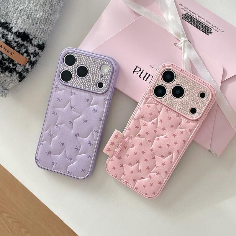 Luxury PU Leather Phone Case With Rhinestone Star Design IPhone 15 16 17 Pro Max Anti-Scratch Drop Protection