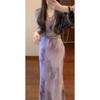 Dames Tie Dye Satin Maxi Jurk V-hals Lantaarnmouw Gerimpelde Taille Split Formele Feestjurk