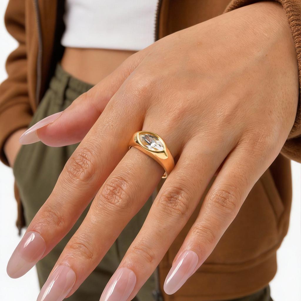 Pferdeauge Siegelring, Zirkonia Vergoldeter Ring für Damen, Edelstahl, Hypoallergener kleiner Finger Ring Wasserdicht