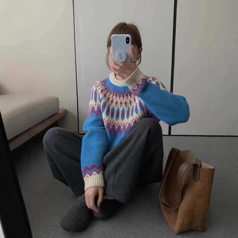Autumn and winter retro lazy style Fair Island jacquard design sense versatile and thin long-sleeved knitted sweater women