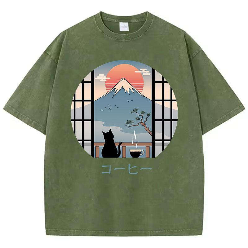 T Shirt Vintage Washed 100% Cotton T-Shirt Japanese Style with Mountain Cat Graphic Tee Casual Streetwear Spring Summer Fall