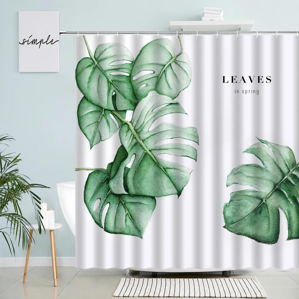 Tropisk Grön Växt Palmblad Badrum Duschdraperier Sommar Djungel Tyg Vattentätt Krokar Hängande Draperi Badskärm Dekor